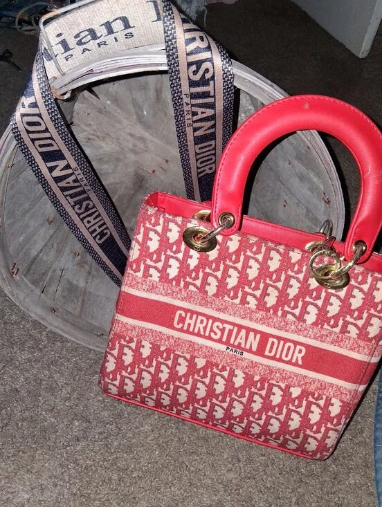 Dior Red and Cream Lady D-Joy Satchel with Logo Strap