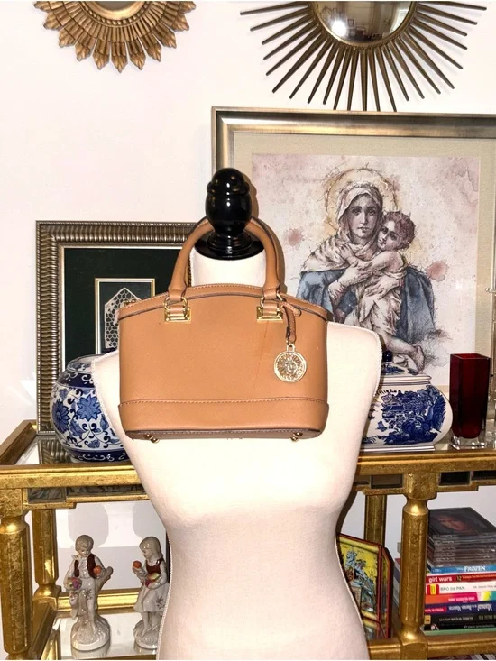 Anne Klein Tan Dome Satchel with Gold Hardware
