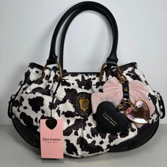 Juicy Couture Romance Cow Print Satchel Bag Faux Fur Pink Bow Heart Charm BW