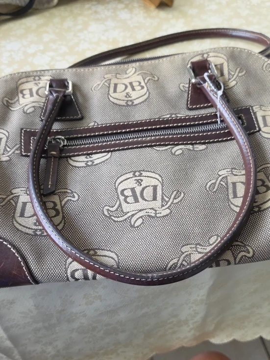 DB Patterned Canvas Satchel with Brown Leather Trim