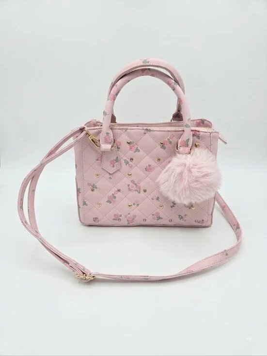 Under One Sky Pink Purse, Crossbody Straps, Pompom, Roses And Hearts, Quilted
