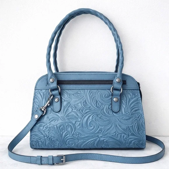 PATRICIA NASH LEATHER CALVI TOOLED FLORAL SATCHEL CROSSBODY SAFFLOWER BLUE