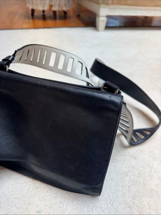 Vince Black Leather Crossbody Bag with Sculpted Gray Strap