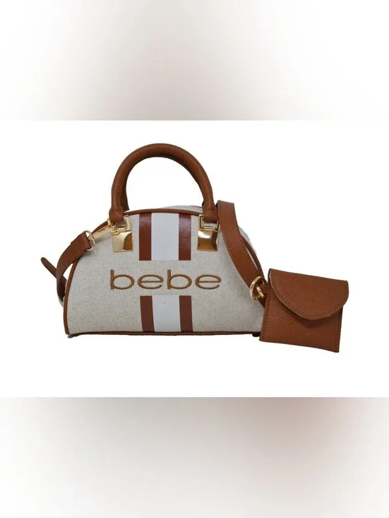 bebe Cream & Brown Dome Satchel with Striped Center