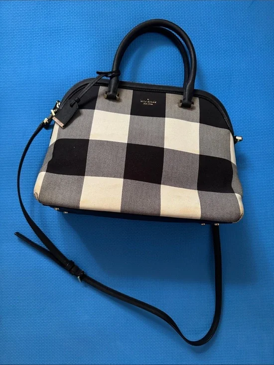 kate spade Black and Cream Plaid Dome Satchel with Crossbody Strap