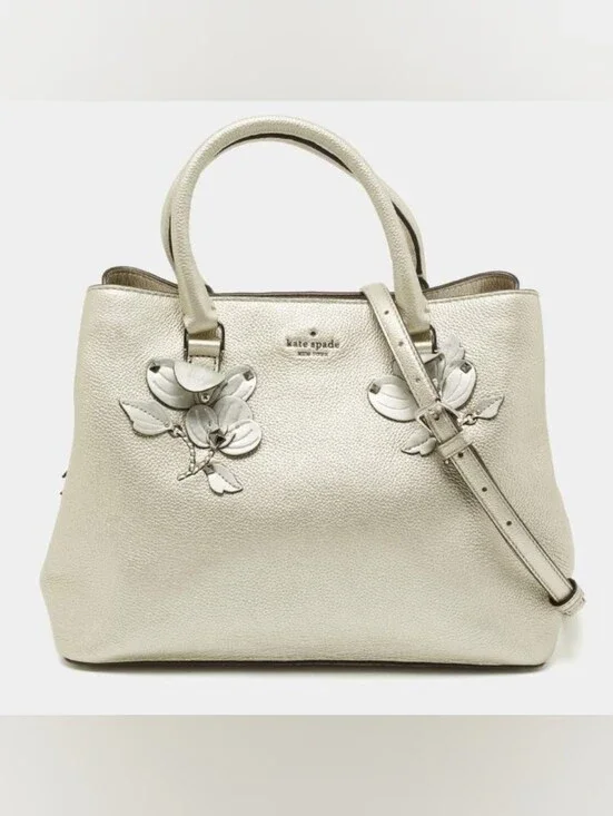 Kate Spade Light Metallic Silver Larchmont Ave Floral Evangelie Satchel NWT