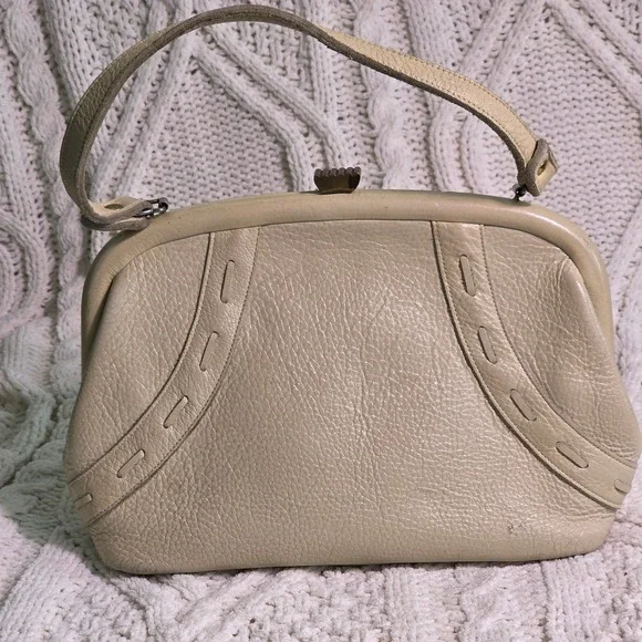 Vintage‎ Kiss Lock Handbag Cream Leather Frame Clutch Purse 50s 60s