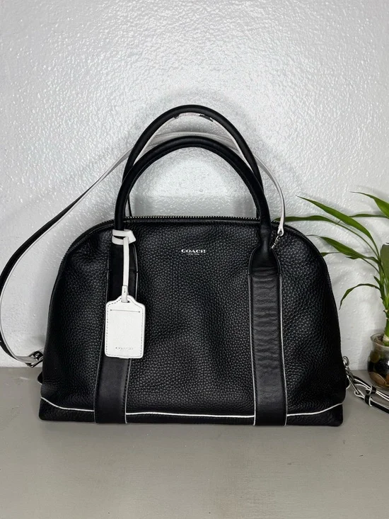 Coach - Bleecker Preston Black Pebbled Leather Satchel Large 14” White Trim