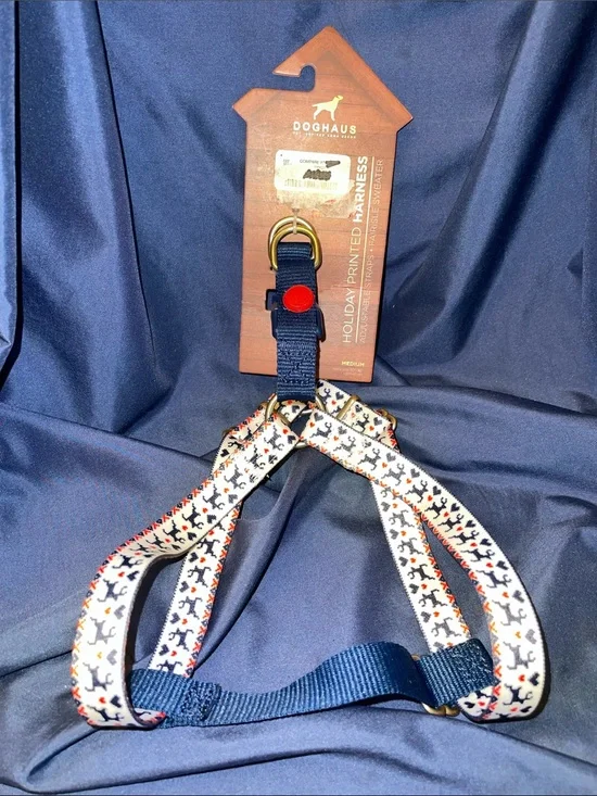 Holiday Printed Dog Harness in Navy and White with Reindeer