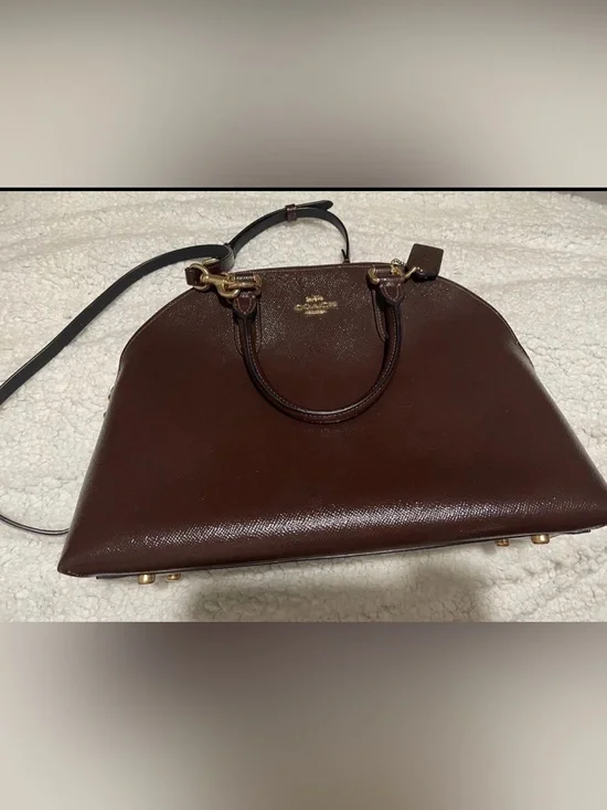 Coach Oxblood Quinn Patent Crossgrain  Leather Satchel.