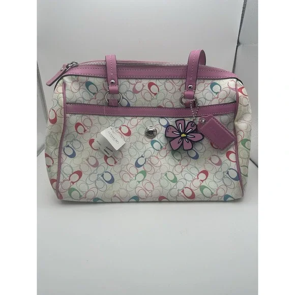 Coach Signature Multicolor Logo Satchel Top Handle Bag Zip Pink Trim Gold HW