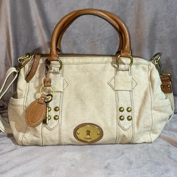 FOSSIL Grayson Beige Canvas Fabric Satchel & Fossil Popstich vintage Wallet 🆕