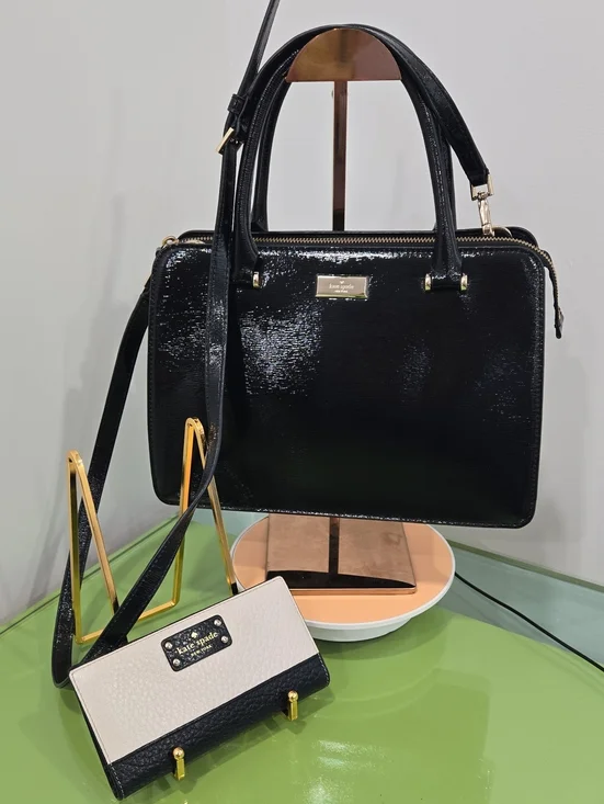 Kate Spade Bixby Place Black Patent Satchel with Gold Hardware and Wallet