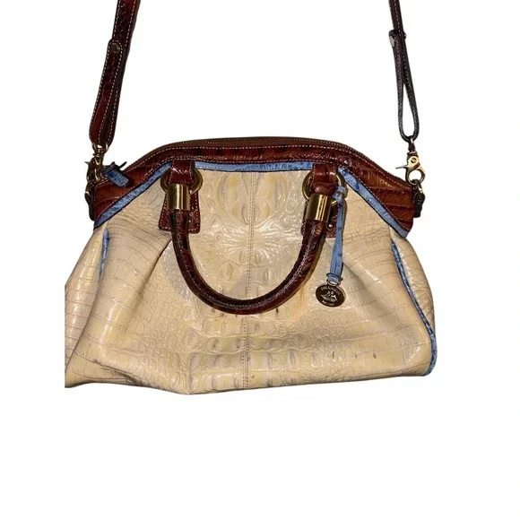 Brahmin Tri-Color Croc Embossed Leather Satchel Crossbody Bag Cream Brown Blue