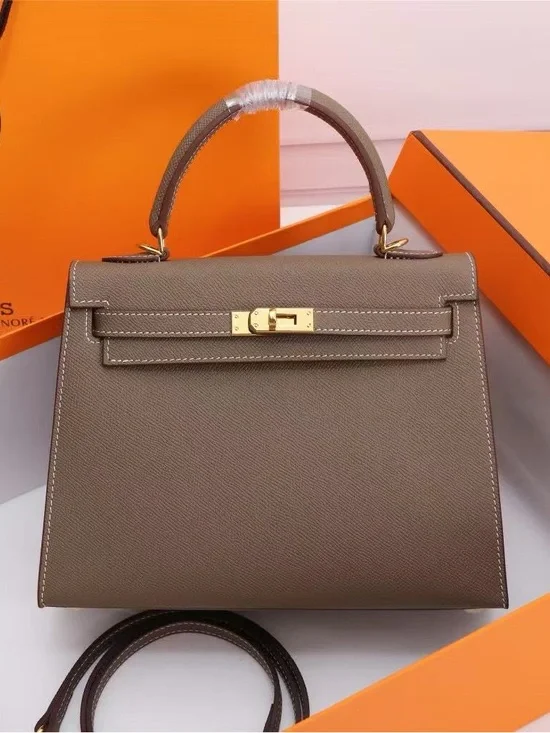 Structured Top-Handle Satchel in Taupe with Gold Hardware