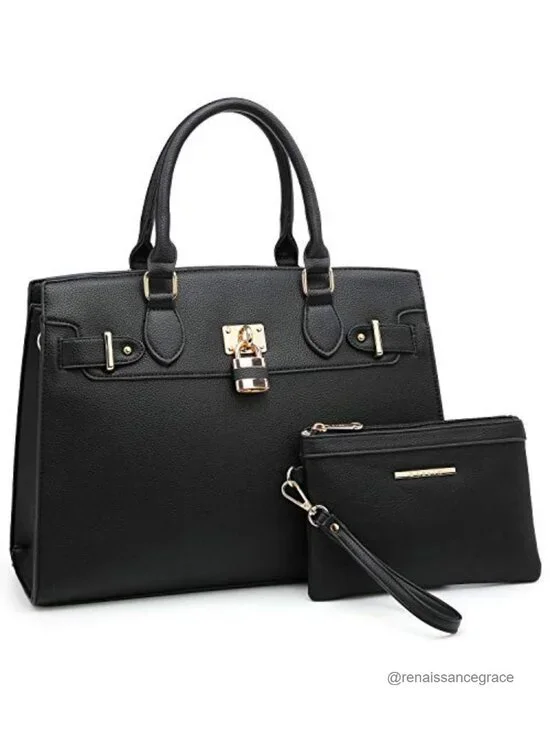 Ladies Vegan Leather Satchel Tote Work Bag with Matching Clutch