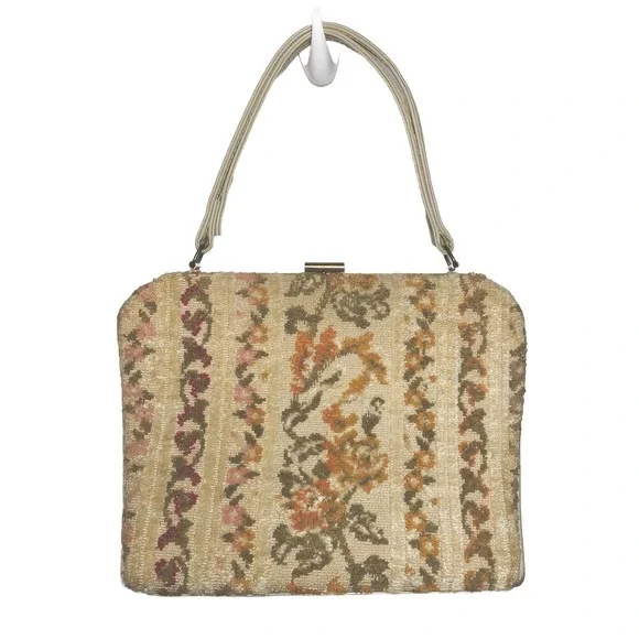 Vintage 1960s Floral Tapestry‎ Handbag Purse Fall Colors Mid Century Frame Bag