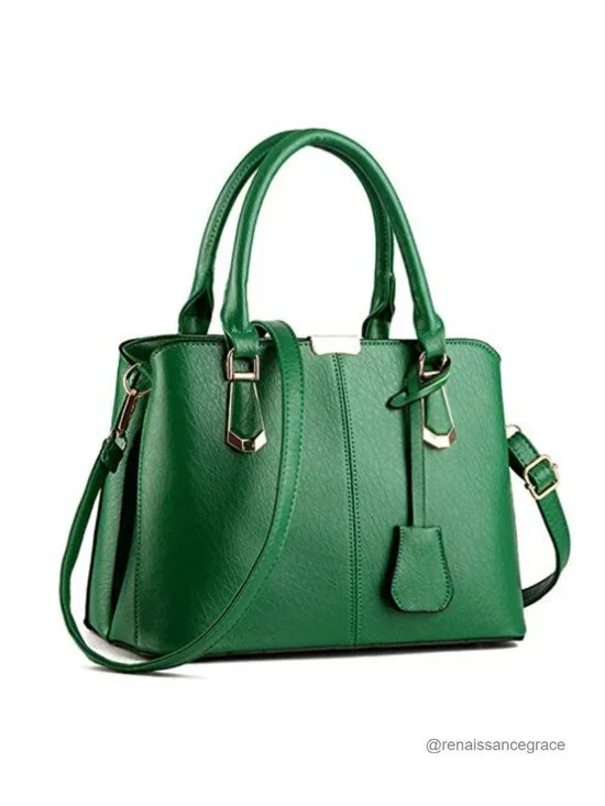 Faux Leather Satchel Shoulder Tote Handbag with Gold Hardware