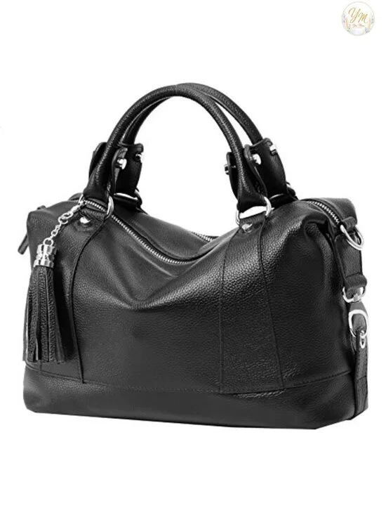 Genuine Leather Satchel Tote Crossbody Bag with Tassel, Adjustable Strap