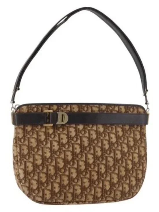 Christian Dior Trotter Canvas Shoulder Bag Gold Beige Auth 179906