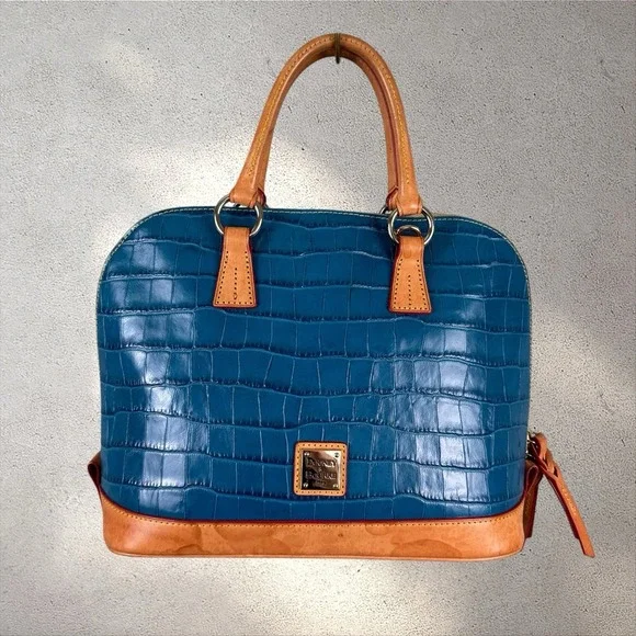 Dooney & Bourke Marine Blue Embossed Croc Leather Dome Satchel Bag