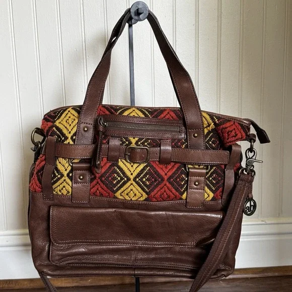 Audrey Brooke Leather Woven Bag Shoulder Bag Crossbody Brown Red Yellow‎ Tribal