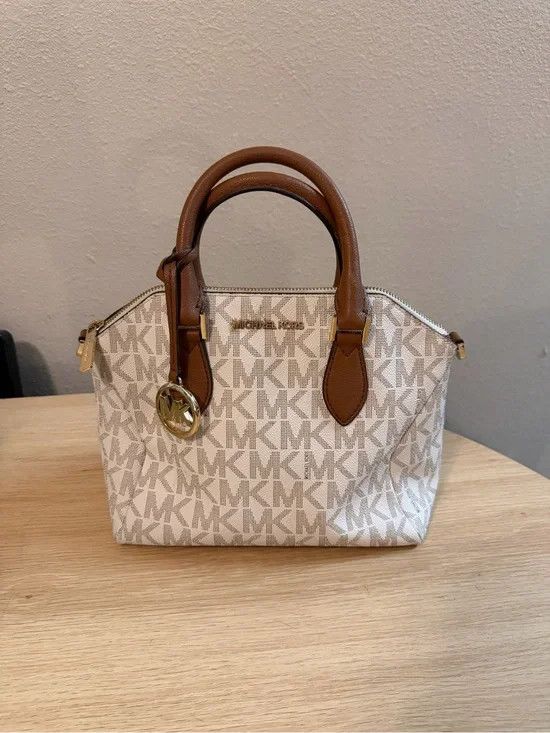 Michael Kors Logo Satchel in Cream and Brown