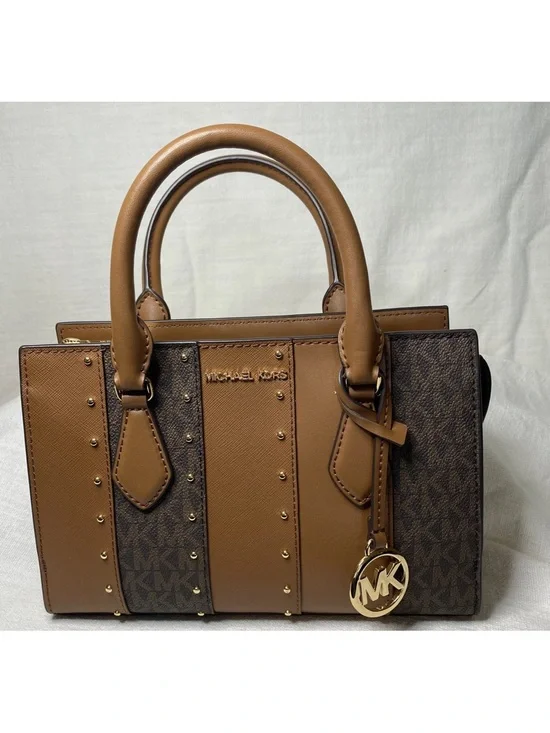 Michael Kors Tan and Brown Logo Stripe Satchel