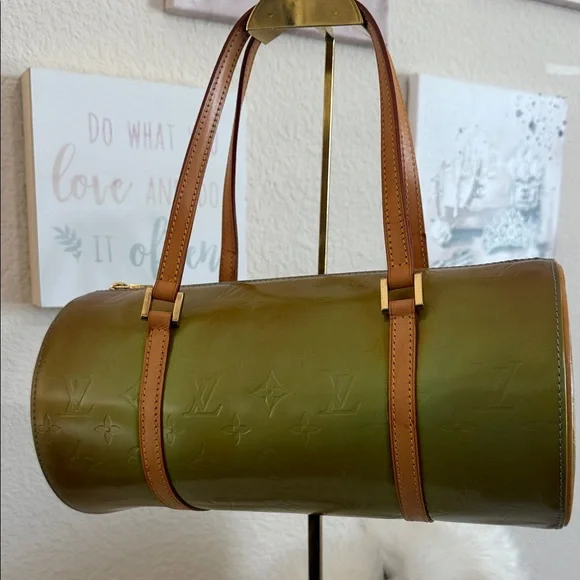 Louis Vuitton Olive Green Vernis Papillon Satchel with Tan Trim