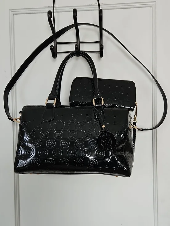 LANY Black Patent Large Satchel Handbag and Matching Wallet/ Wristlet