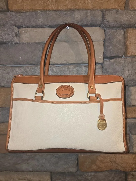 Vintage DOONEY & BOURKE Cream Pebbled All Weather Leather Satchel Brown Trim ***