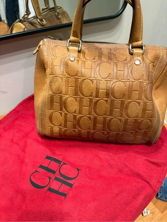 Carolina Herrera Tan Embossed CH Logo Satchel Andy 7