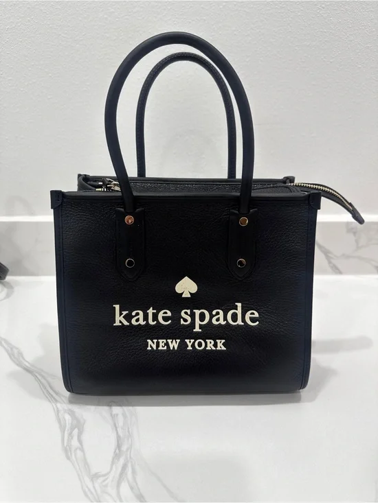 kate spade Black Leather Logo Satchel with Cream Accents