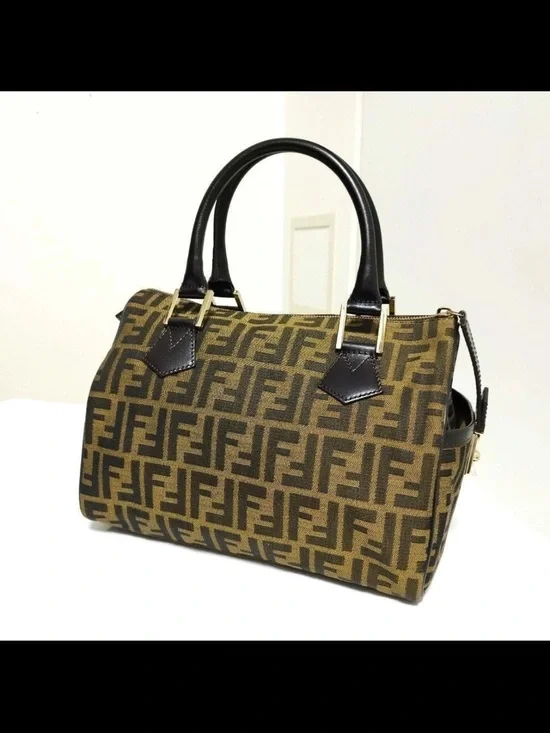 Fendi Brown FF Monogram Canvas Satchel with Black Leather Handles