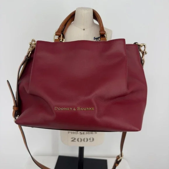 Dooney & Bourke Large Barlow Wine Leather Satchel Bag LJ039 WN Red Tan Trim