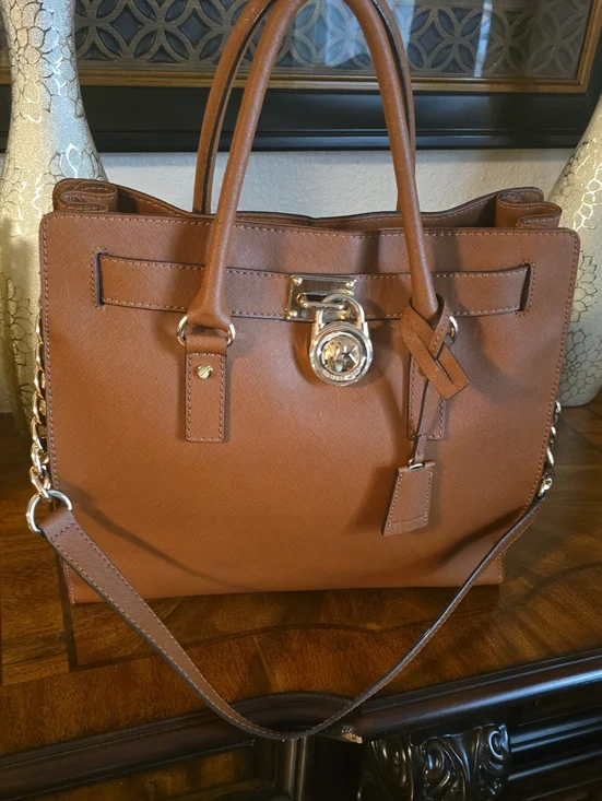 Designer Tan Leather Satchel with Gold Hardware