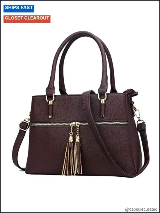 PU Leather Top Handle Satchel Handbag with 3 Compartments