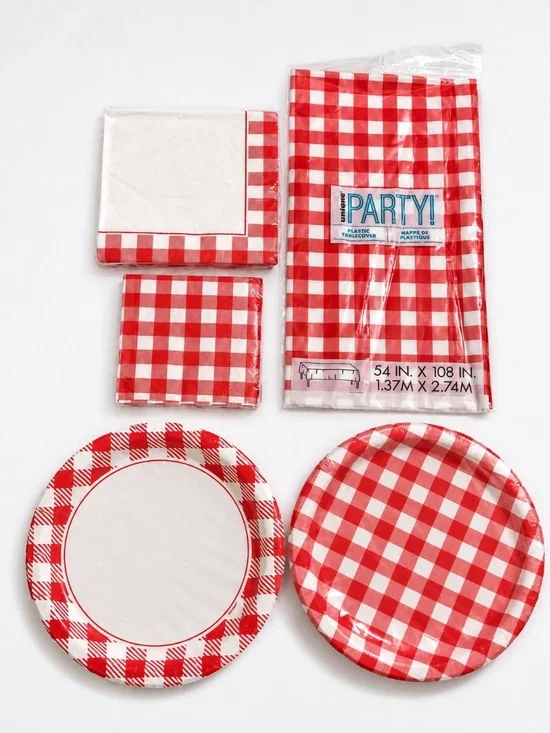 Red Gingham Party Set for 16 Plates Napkins Table Cover Picnic BBQ Checkered