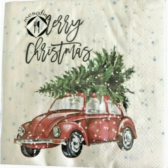 VW Bug Car Christmas Tree Red Paper Napkins Lunch Dinner 40 Ct 6.5x6.5