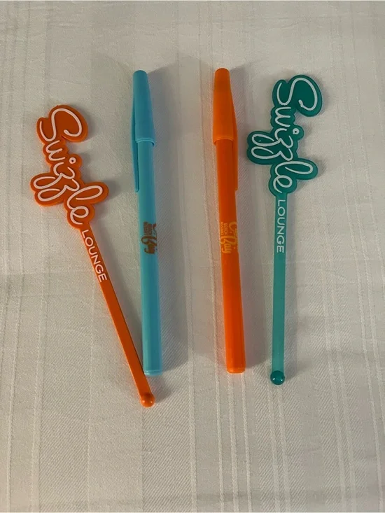 50s style Cabana Bay Colorful Drink Stirrer & Pen Set - Teal and Orange