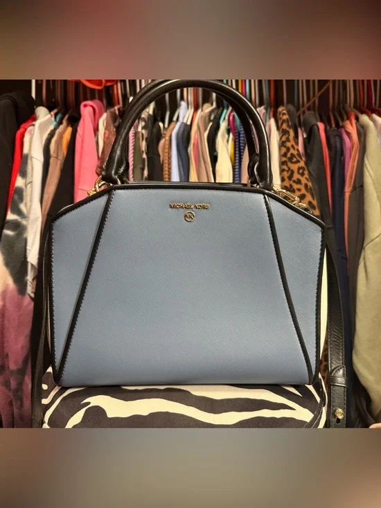 Michael Kors Light Blue and Black Dome Satchel with Gold Hardware
