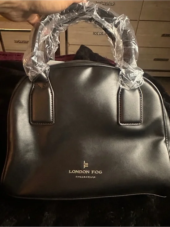 London Fog Black Dome Satchel with Gold Logo Accent