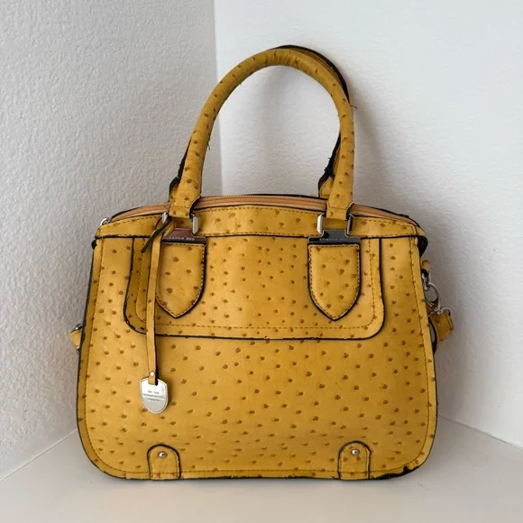 London Fog Yellow Faux Ostrich Satchel Crossbody Bag