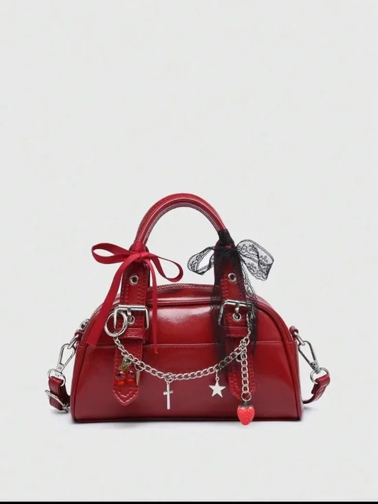 NEW ARRIVAL Cherry Red Women’s Satchel with Charm Chain