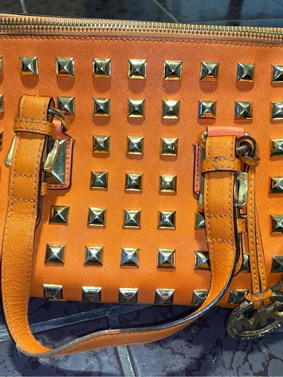 Michael Kors Orange Leather Satchel with Gold Studs