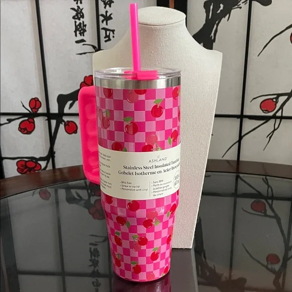 Ashland Pink Cherry Check Stainless Steel Insulated Tumbler with Handle