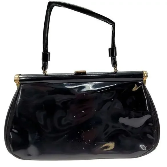 Vintage‎ 50s Patent Leather Vinyl Top Handle Clasp Frame Satchel Handbag Purse
