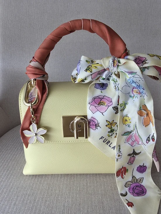 Furla Yellow Leather Top-Handle Bag with 2 Silk Twills & Charm