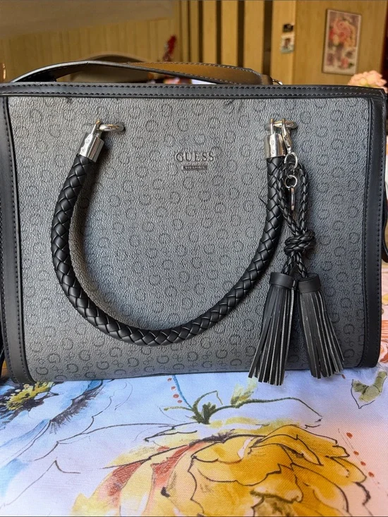 GUESS Black & Gray Monogram Satchel with Braided Handle and Tassels