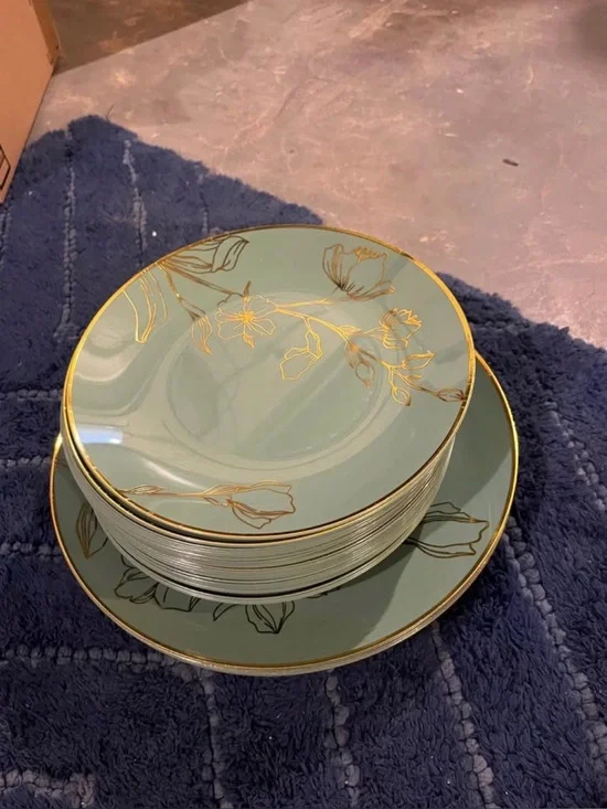 Green and Gold Floral disposable Dinnerware   - Home Dining